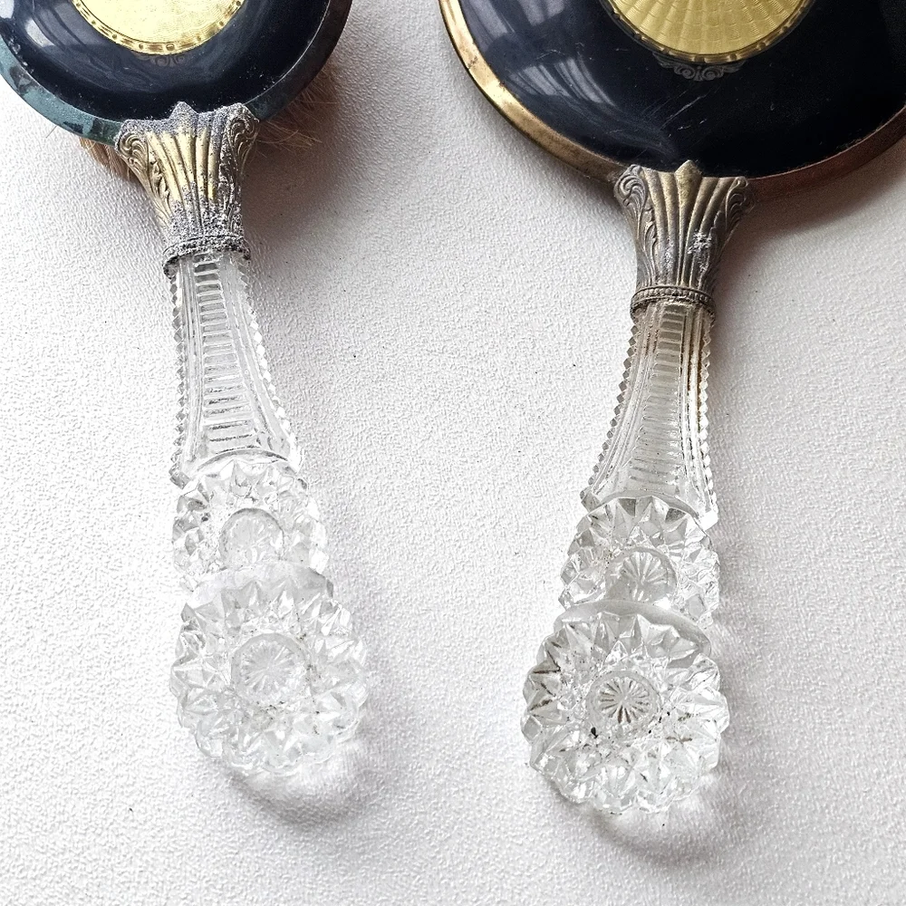 🪞 Early 1900s Antique Vanity Mirror & Brush Set Guilloché Style Glass Handles